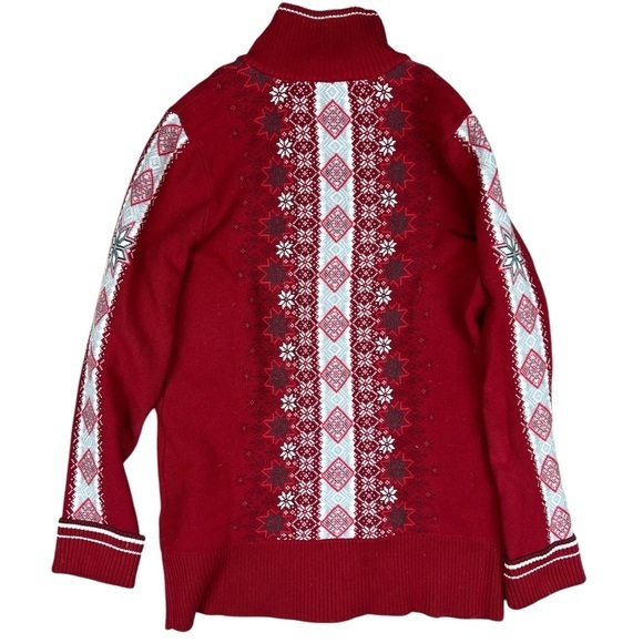 EDDIE BAUER cardigan Sweater Women’s Medium Winter Snowflakes Holiday Zip Up Red - Picture 7 of 13